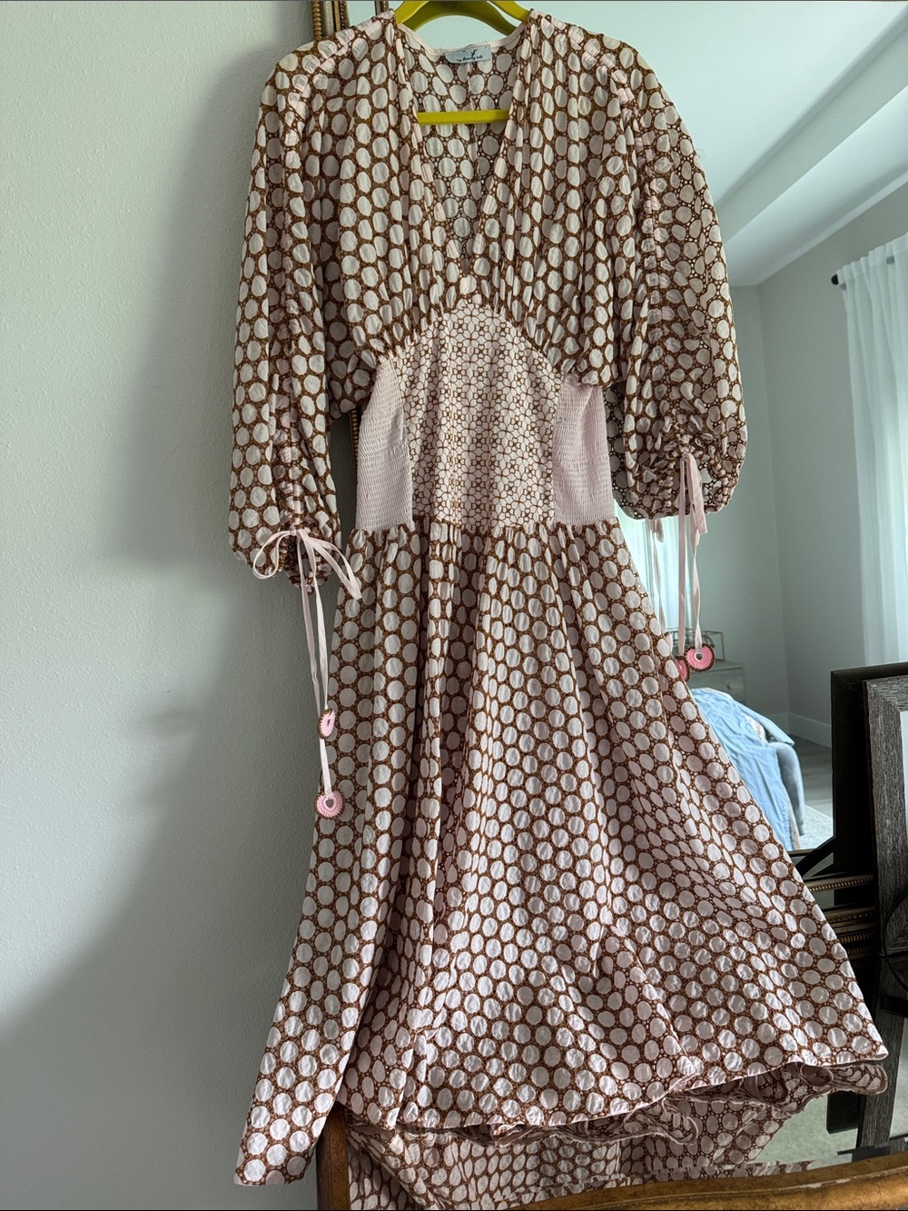 Long-Sleeve Pink Patterned Midi Dress with Smocked Waist